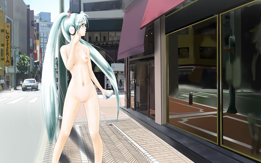 breasts city commentary_request green_eyes green_hair hatsune_miku headphones highres jackson_mica long_hair navel nipples nude outdoors photo-referenced public_nudity pussy real_world_location shinjuku small_breasts solo tokyo_(city) twintails very_long_hair vocaloid zenra