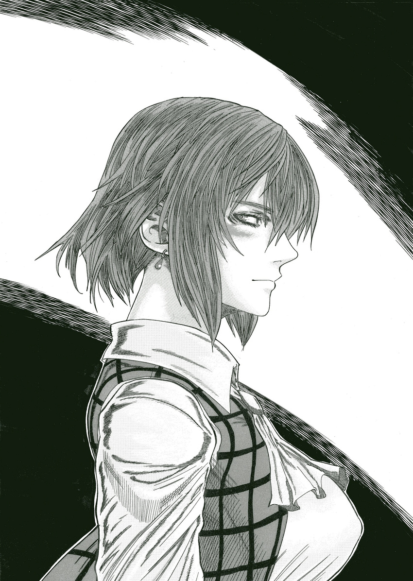 ascot bad_id bad_pixiv_id breasts closed_mouth earrings from_side highres jewelry kazami_yuuka kenshirou_(mono_ken) large_breasts looking_at_viewer monochrome plaid plaid_vest profile realistic short_hair simple_background solo touhou traditional_media upper_body vest