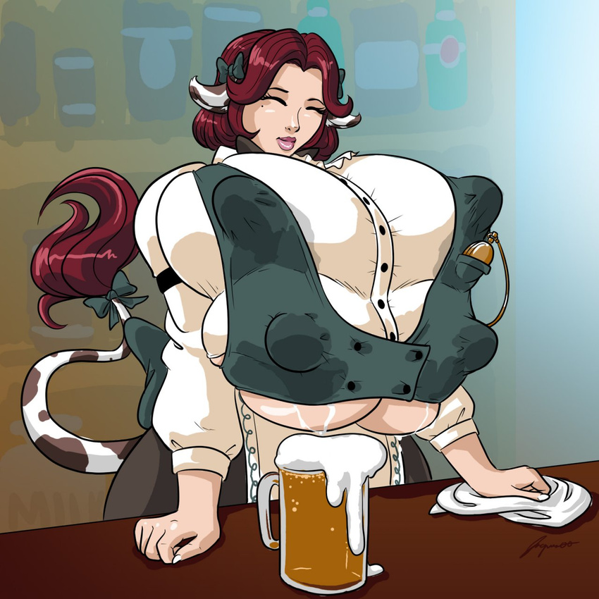 anthro bar beer beverage big_breasts bovine breasts cattle clothed clothing cow_girl cowgirl female holstaurus huge_breasts jacques00 lactating leaking mammal multi_breast solo stains teats