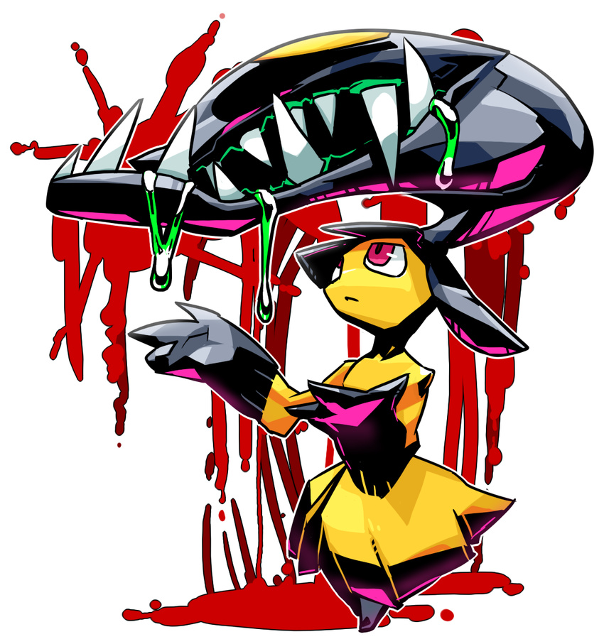 blood creature extra_mouth fangs gen_3_pokemon highres looking_up mawile monster no_humans pokemon pokemon_(creature) red_eyes saliva sido_(slipknot) simple_background slime solo standing white_background
