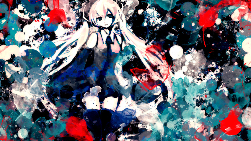 abstract aqua_eyes bad_id bad_pixiv_id detached_sleeves hatsune_miku highres long_hair meola necktie skirt solo thighhighs twintails very_long_hair vocaloid white_hair