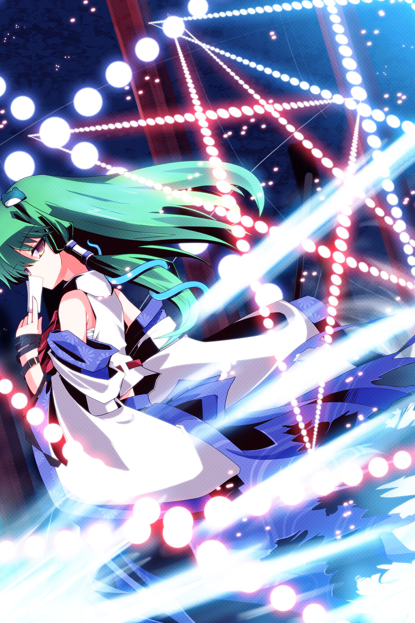 auer bad_id bad_pixiv_id bare_shoulders belt brown_eyes danmaku detached_sleeves frog green_hair hair_ornament highres kochiya_sanae long_hair looking_back onbashira sarashi snake solo touhou