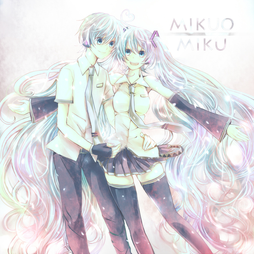 1girl ahoge bad_id bad_pixiv_id blue_eyes blue_hair detached_sleeves fingerless_gloves genderswap genderswap_(ftm) gloves hatsune_miku hatsune_mikuo highres long_hair modoromi necktie skirt smile thighhighs twintails very_long_hair vocaloid