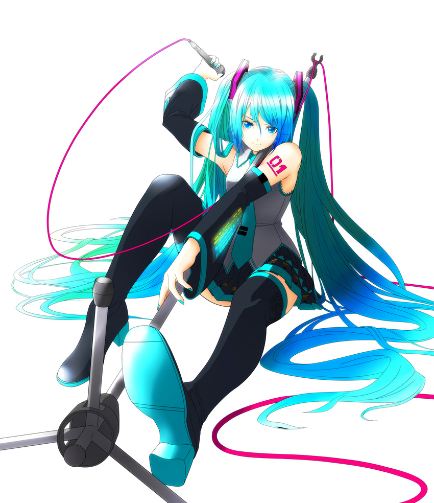 absurdres aqua_eyes aqua_hair aqua_nails bad_id bad_pixiv_id cable colorized detached_sleeves foreshortening hatsune_miku highres ishigaki_takahiro legs long_hair microphone microphone_stand nail_polish necktie skirt smile solo thighhighs twintails very_long_hair vocaloid