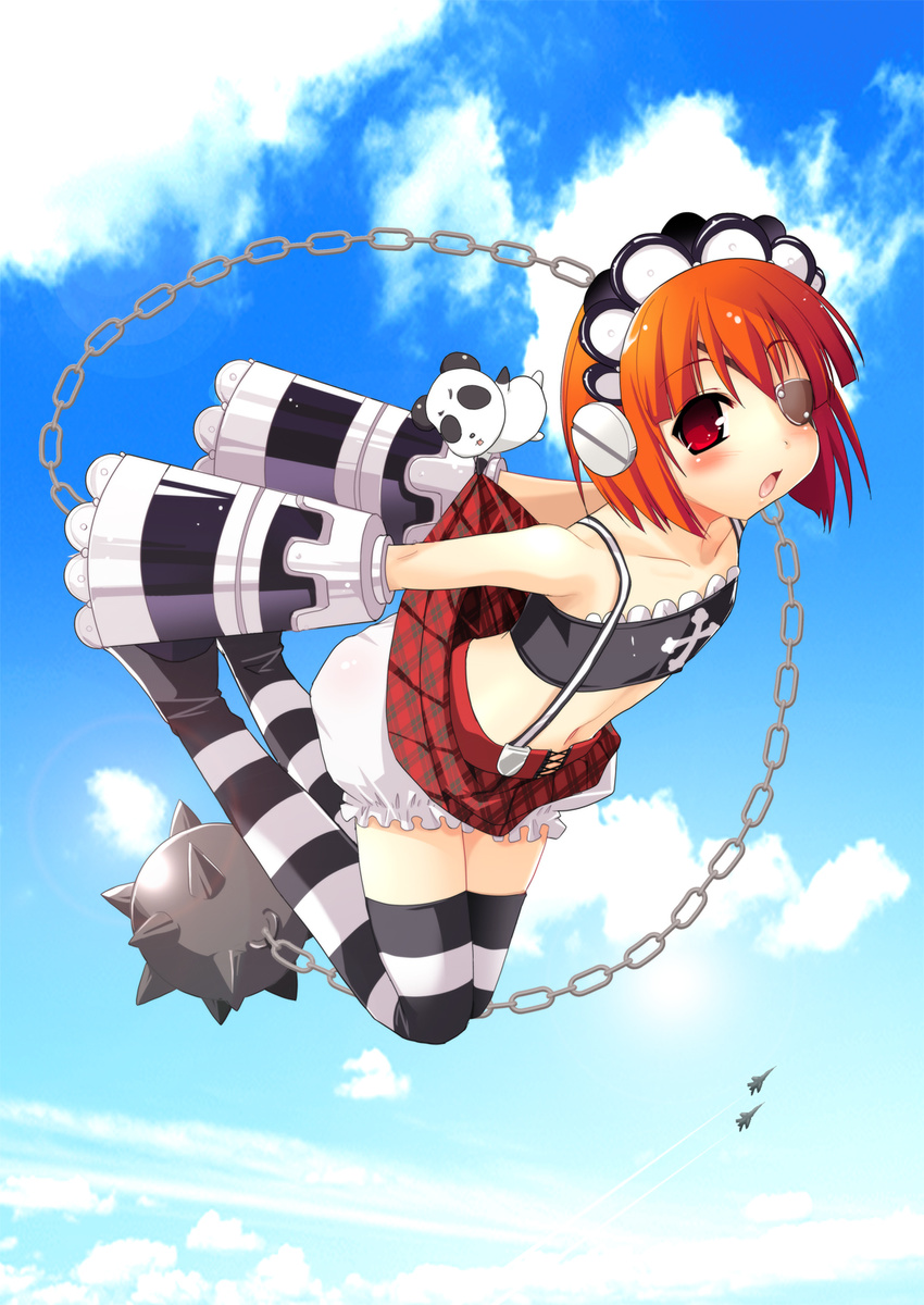 :o aircraft airplane android arm_cannon arms_behind_back ball_and_chain bandeau bangs bare_shoulders black_legwear bloomers blush bob_cut chain cloud condensation_trail cross cross-laced_clothes day eyepatch flat_chest flying from_side gothic_lolita headphones highres jet kouki_kuu lolita_fashion looking_at_viewer midriff nitroplus open_mouth orange_hair outdoors panda plaid plaid_skirt pleated_skirt red_eyes satsurikuin_ouka screw short_hair skirt skirt_lift sky solo spike_ball striped striped_legwear suspenders thighhighs underwear weapon white_legwear zettai_ryouiki