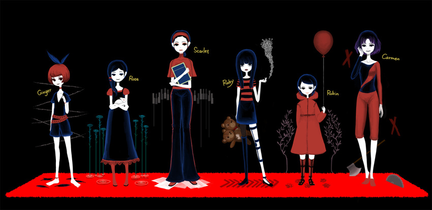 albino axe balloon barbed_wire belt black_hair boots bow bunny carmen_(the_path) choker cigarette collar dress ginger_(the_path) gothic hair_bow hairband highres little_red_riding_hood multiple_girls multiple_heads nona_drops pale_skin paper paw_print piano_keys red_hair robin_(the_path) rose_(the_path) ruby_(the_path) saw_blade scarlet_(the_path) short_hair siblings single_thighhigh sisters skirt smile smoke spoilers stuffed_animal stuffed_toy teddy_bear the_path thighhighs tread_marks weapon