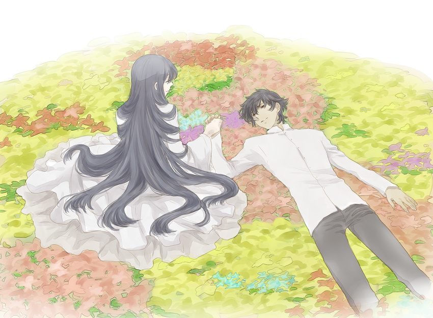 1girl couple futaki_shou gundam gundam_00 hetero holding_hands long_hair lying marina_ismail setsuna_f_seiei very_long_hair