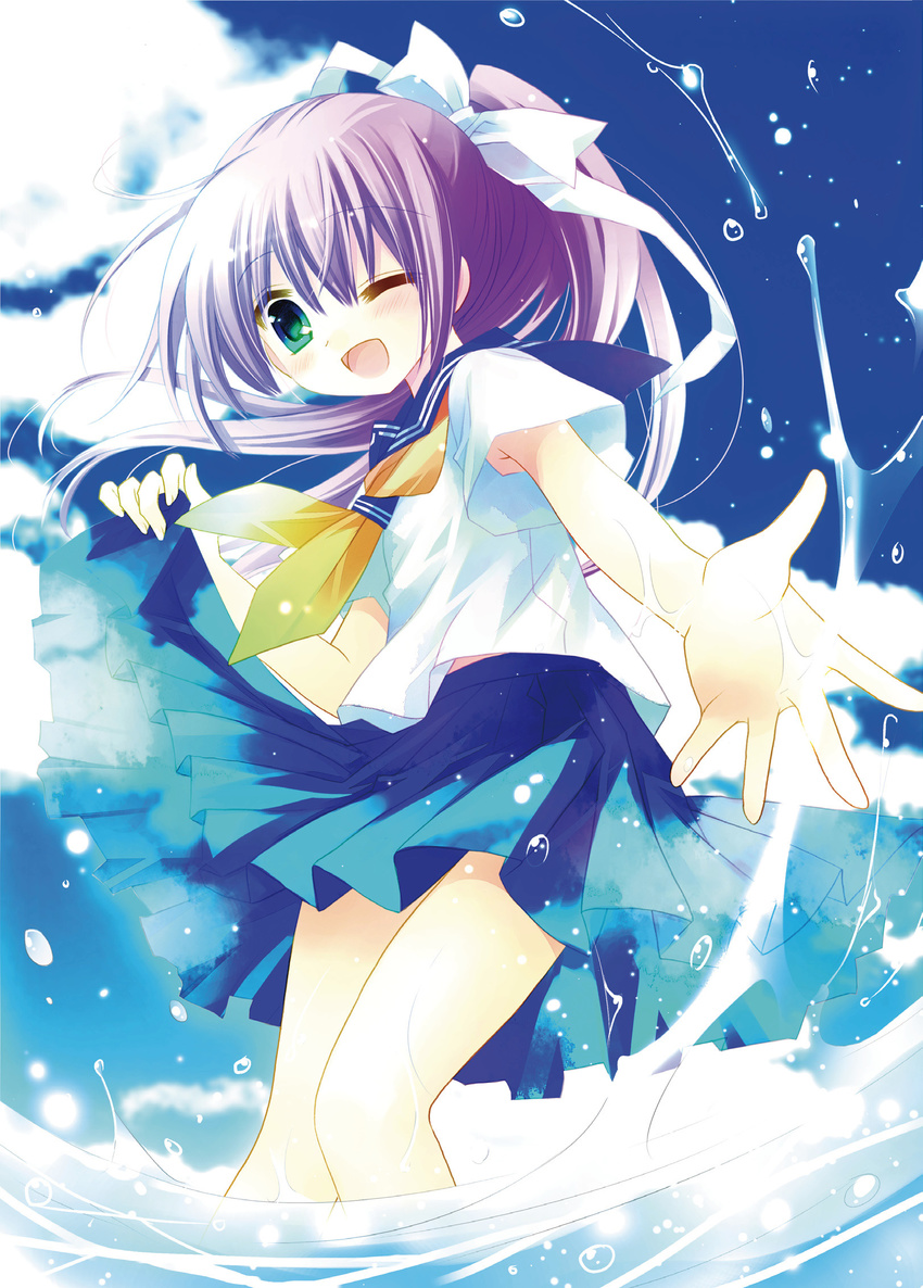 aqua_eyes blush bow cloud copyright_request day hair_bow highres long_hair non-web_source one_eye_closed open_mouth outdoors purple_hair sakurazawa_izumi school_uniform serafuku skirt skirt_lift sky solo splashing wading water