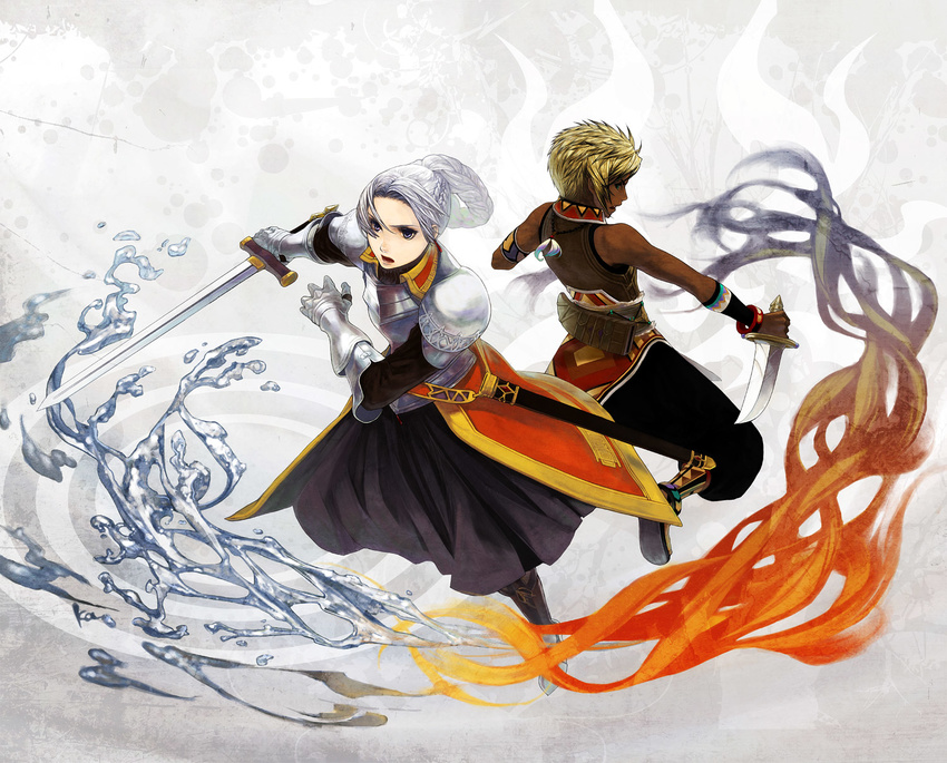 1girl armor bad_id bad_pixiv_id blonde_hair braid chris_lightfellow dark_skin fire french_braid gauntlets gensou_suikoden gensou_suikoden_iii highres hugo_(suikoden_iii) katsura_(+araka) knife knight long_hair magic silver_hair sword water weapon