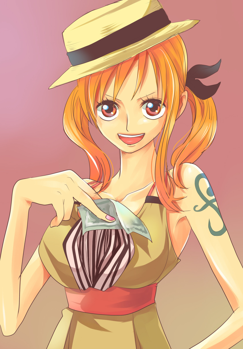 hat highres himerinco money nail_polish nami_(one_piece) one_piece orange_hair pink_nails solo tattoo