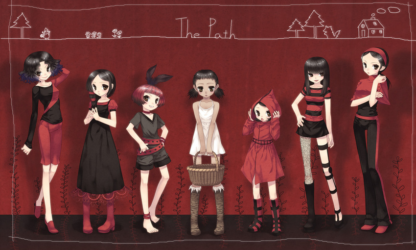 balloon basket belt black_hair boots brown_eyes carmen_(the_path) dress ginger_(the_path) girl_in_white hairband hand_on_hip hands_on_hips highres hood little_red_riding_hood mitake_eiru multiple_girls pantyhose ponytail red_hair robin_(the_path) rose_(the_path) ruby_(the_path) scarlet_(the_path) short_hair short_twintails siblings sisters smile the_path thigh_gap twintails