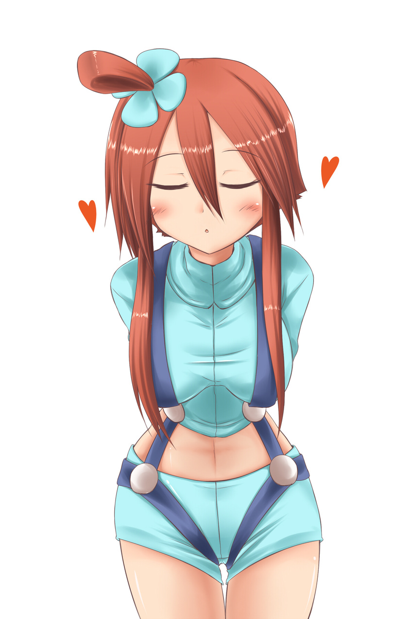 aokichi arms_behind_back blush breasts brown_hair closed_eyes fuuro_(pokemon) gym_leader hair_ornament highres incoming_kiss large_breasts leaning_forward long_hair navel pokemon pokemon_(game) pokemon_bw short_hair_with_long_locks shorts sidelocks solo suspenders thigh_gap topknot