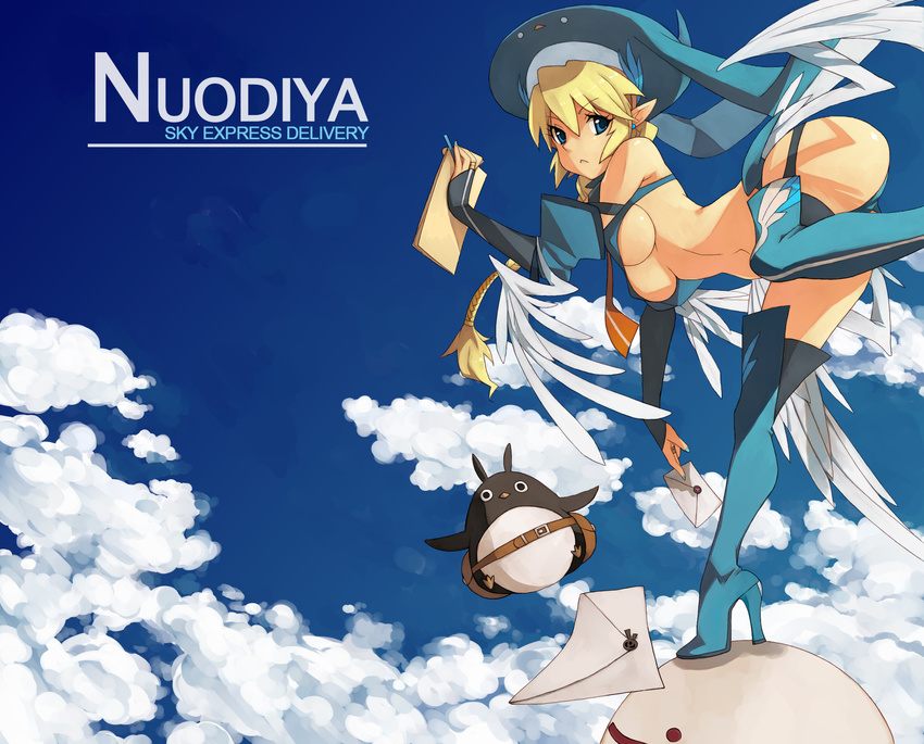 bare_shoulders bird blonde_hair blue_eyes blue_footwear blue_nails boots braid breasts cloud day earrings hat high_heels highres jewelry letter medium_breasts nail_polish original penguin penguin_caee pointy_ears shoes sky solo thigh_boots thighhighs underboob wings