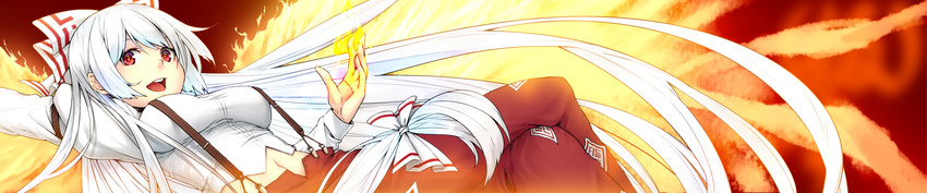 bow breasts crossed_legs fiery_wings fire fujiwara_no_mokou hair_bow hands highres hiroya_juuren large_bow long_hair long_image medium_breasts midriff navel open_mouth pants red_eyes shirt silver_hair sitting smile solo suspenders symbol-shaped_pupils taut_clothes taut_shirt touhou very_long_hair white_hair wide_image wings