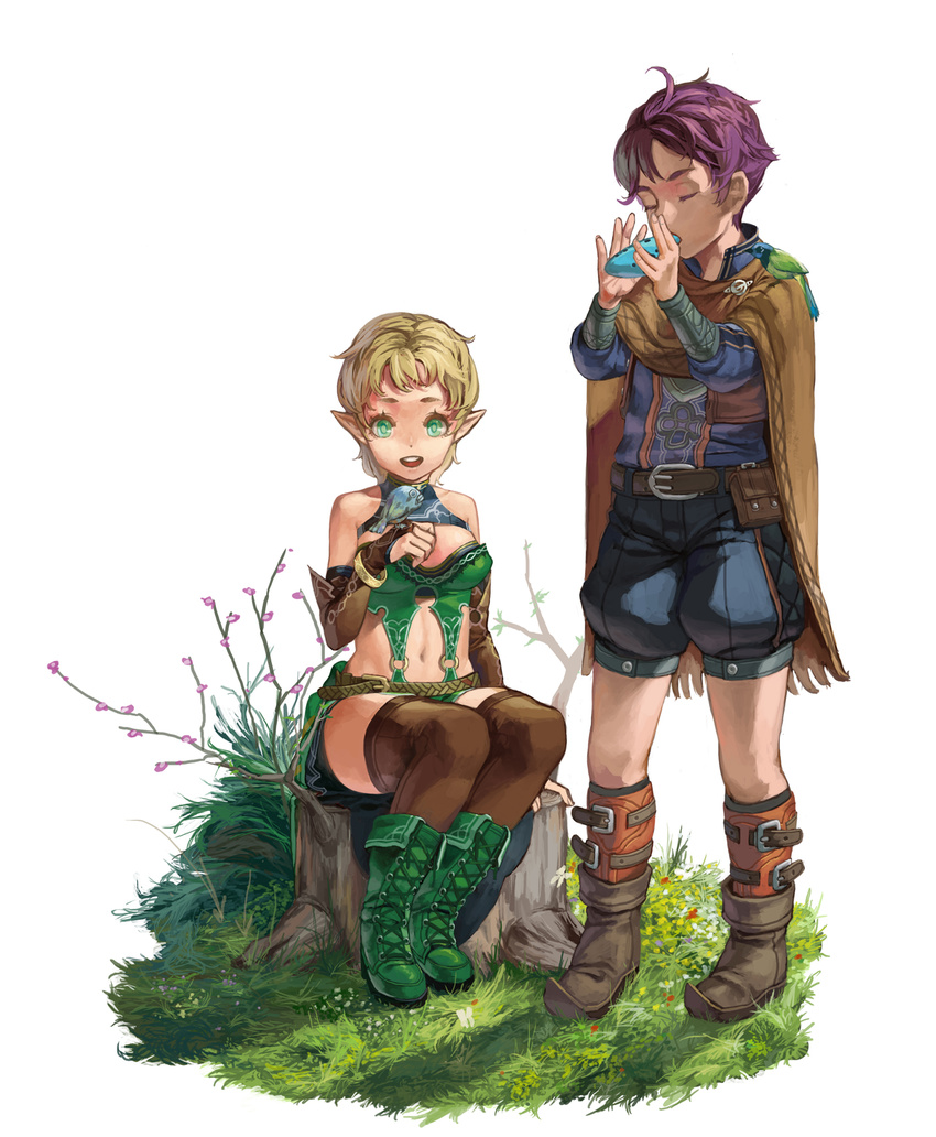 1girl bird blonde_hair boots cape closed_eyes fantasy green_eyes highres instrument ocarina original pointy_ears purple_hair salamander_(jonbonjovi82) short_hair shorts sitting thighhighs tree_stump