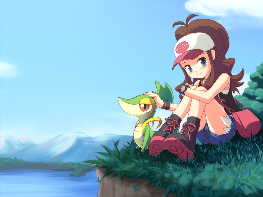 baseball_cap blue_eyes brown_hair denim denim_shorts gen_5_pokemon hat highres pokemon pokemon_(creature) pokemon_(game) pokemon_bw ponytail shorts snivy tdk touko_(pokemon) vest