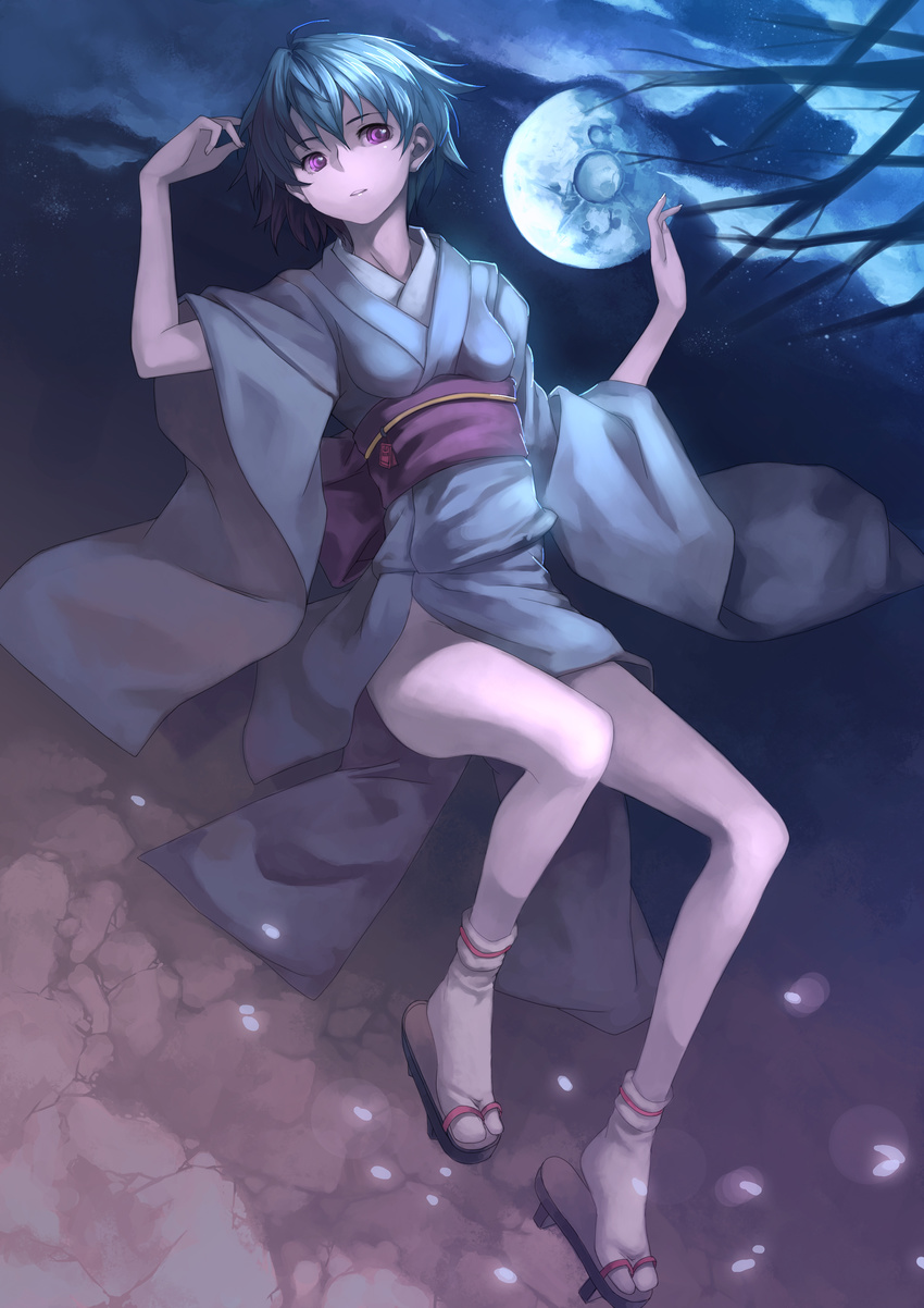 absurdres ayanami_rei bad_id bad_pixiv_id blue_hair geta highres japanese_clothes legs lying moon neon_genesis_evangelion on_back purple_eyes short_hair solo tabi yykuaixian