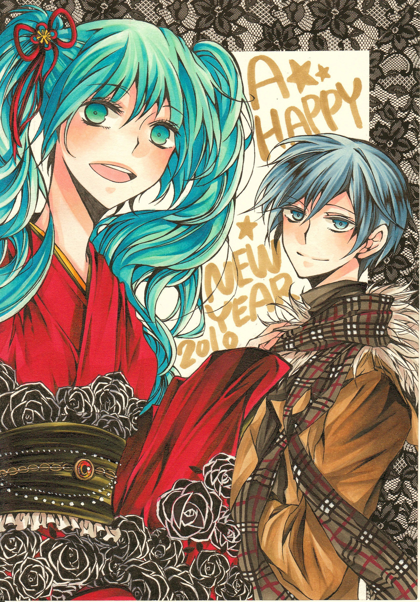 1girl 2010 absurdres aqua_eyes aqua_hair bad_id bad_pixiv_id blue_eyes blue_hair bow fur_coat hair_ornament hatsune_miku highres iris_(riba) japanese_clothes kaito kimono long_hair new_year open_mouth plaid plaid_scarf scarf short_hair smile traditional_media twintails vocaloid