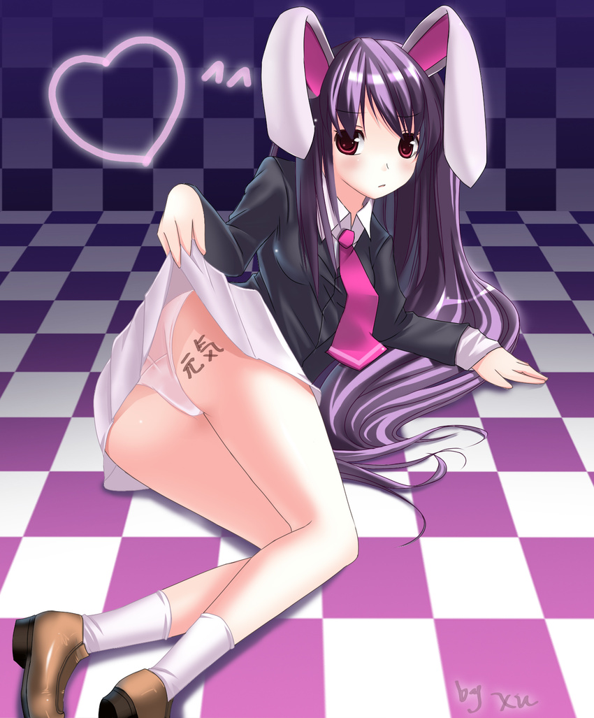 animal_ears ass bad_id bad_pixiv_id blazer bunny_ears checkered checkered_floor heart highres jacket long_hair necktie panties perspective purple_hair purple_neckwear red_eyes reisen_udongein_inaba skirt skirt_lift solo tattoo touhou underwear yykuaixian