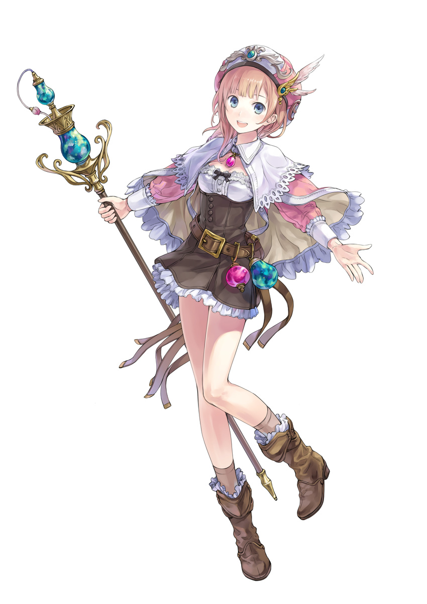 absurdres atelier_(series) atelier_rorona atelier_totori belt blue_eyes boots brown_dress cape capelet dress frills full_body hat highres kishida_mel legs long_hair long_sleeves official_art open_mouth pink_hair rororina_fryxell simple_background skirt smile solo staff white_background white_capelet