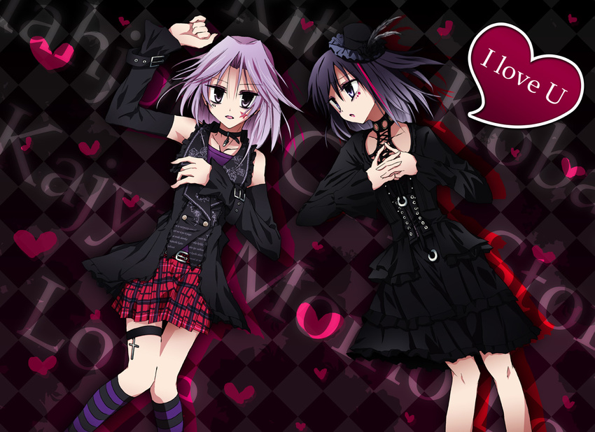 bad_id bad_pixiv_id black_hair blue_eyes choker cross detached_sleeves dress frills futaru_usagi gothic_lolita heart kajiki_yumi lolita_fashion lying multiple_girls on_back plaid plaid_skirt purple_eyes purple_hair saki skirt socks star striped striped_legwear thigh_strap touyoko_momoko yuri