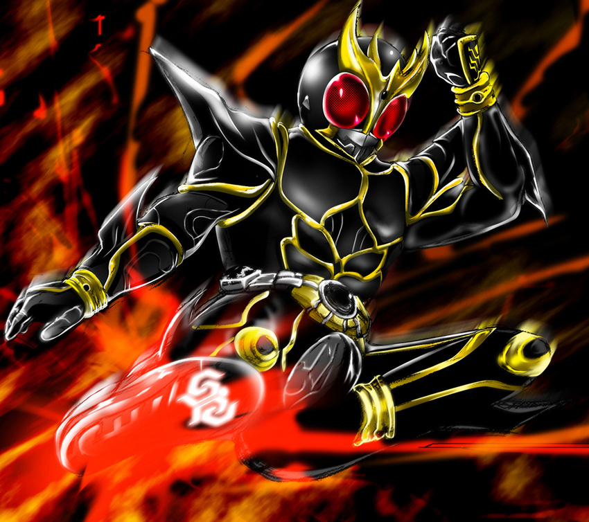 bad_id bad_pixiv_id fire kamen_rider kamen_rider_kuuga kamen_rider_kuuga_(series) kicking nof red_eyes rider_kick