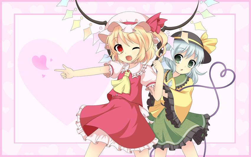 arm_grab ascot blonde_hair fang finger_gun flandre_scarlet green_eyes green_hair hat heart heart_of_string komeiji_koishi kumatoshi multiple_girls one_eye_closed red_eyes side_ponytail sun_hat touhou wallpaper wings