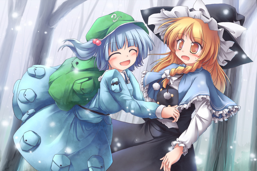 ^_^ backpack bag blush braid buttons capelet closed_eyes dress hair_bobbles hair_ornament hair_ribbon hat highres kawashiro_nitori kirisame_marisa lzh multiple_girls open_mouth ribbon smile touhou tree twintails two_side_up witch_hat