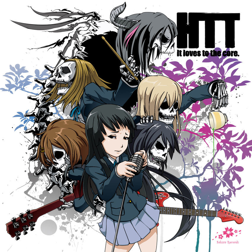 akiyama_mio black_hair blonde_hair brown_hair cup drumsticks guitar hemo_style highres hirasawa_yui horns instrument k-on! kotobuki_tsumugi microphone_stand multiple_girls nakano_azusa skeleton tainaka_ritsu teacup yamanaka_sawako