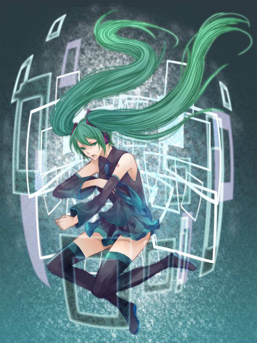 bad_id bad_pixiv_id boots detached_sleeves floating_hair green_eyes green_hair hatsune_miku highres legs long_hair necktie nupuru open_mouth skirt solo thigh_boots thighhighs twintails very_long_hair vocaloid
