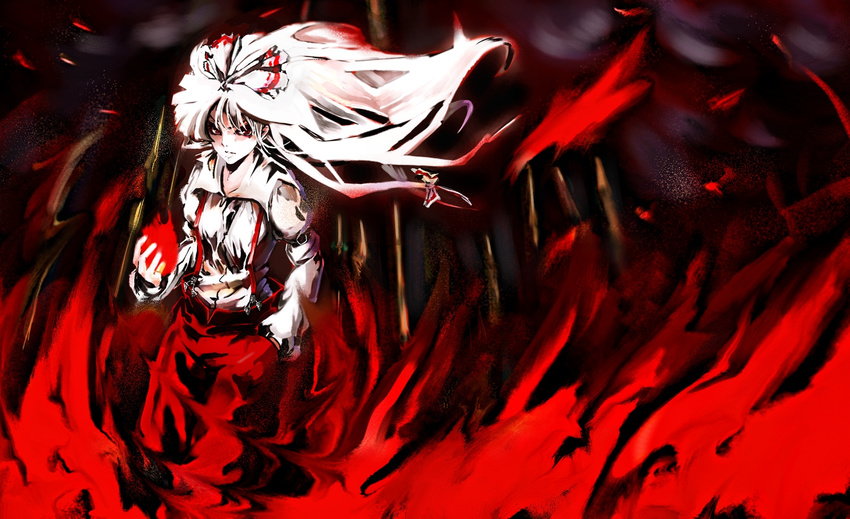 burning_hand fire floating_hair fujiwara_no_mokou hand_in_pocket kotarou_(rakugaki_shirushi) red solo touhou white_hair wind