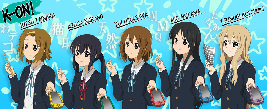 akiyama_mio bad_id bad_pixiv_id black_eyes black_hair blonde_hair blue_eyes brown_eyes brown_hair drumsticks food handheld_game_console highres hirasawa_yui k-on! kotobuki_tsumugi long_hair moe_moe_kyun! multiple_girls nakano_azusa playstation_portable plectrum school_uniform sheet_music short_hair tainaka_ritsu takuan tennen_ahoke translated