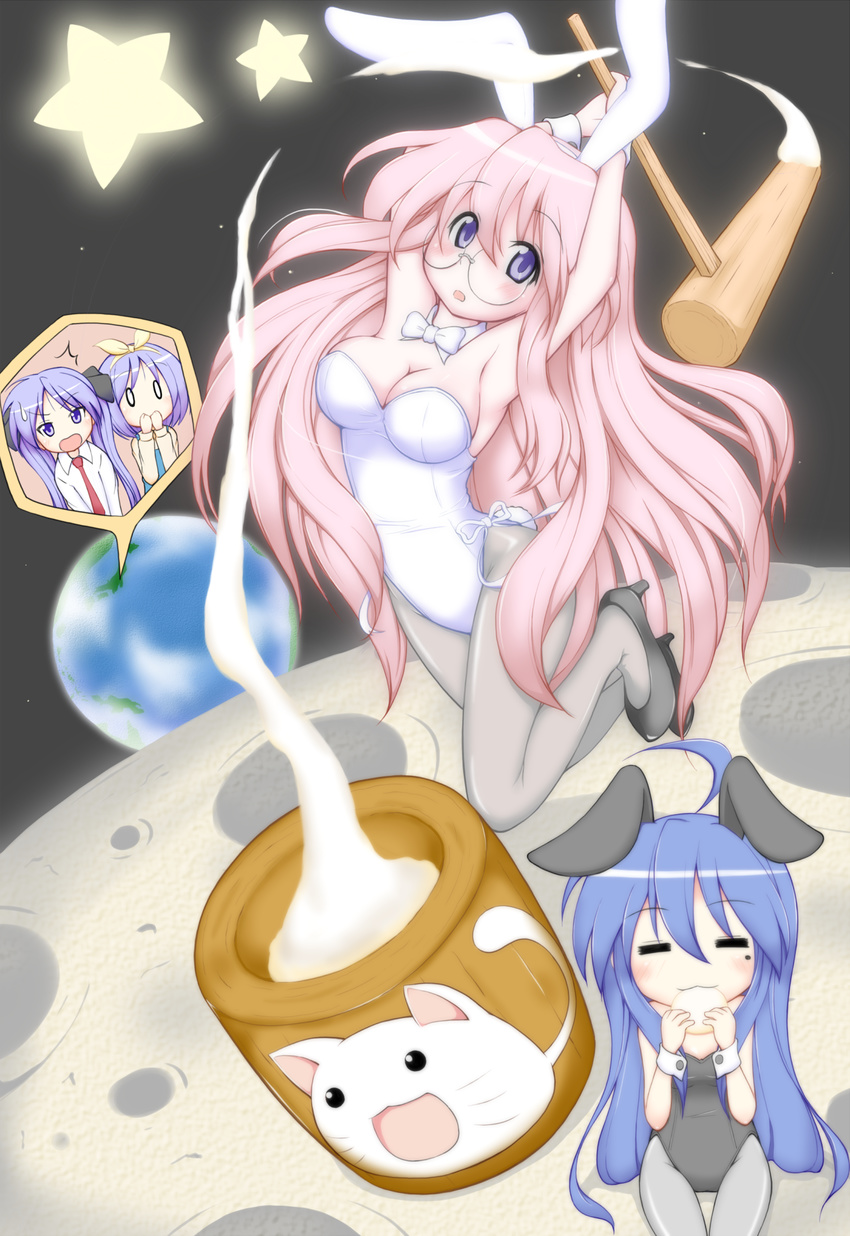 4girls =_= absurdres ahoge animal_ears blue_hair bunny_ears bunnysuit earth food glasses hammer highres hiiragi_kagami hiiragi_tsukasa izumi_konata kine long_hair lucky_star mallet mochi mochitsuki mole mole_under_eye moon moon_rabbit mortar multiple_girls nyamou pantyhose pestle pink_hair purple_eyes star takara_miyuki thigh_gap unknown-otiba wagashi