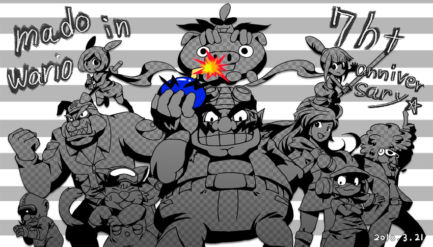 3girls 9-volt 9volt afro ana_(warioware) androgynous anniversary bad_id bad_pixiv_id bomb cat character_request checkered copyright_name crossed_arms cyborg dated disco doctor_crygor dog dr._crygor dribble engrish everyone facial_hair glasses gloves goggles grin helmet hoshina_(kinoko) jimmy_thang kat mona_(warioware) monochrome multiple_boys multiple_girls mustache ninja open_mouth orbulon ranguage scarf smile spitz star sweatdrop sword tail typo ufo wario warioware weapon