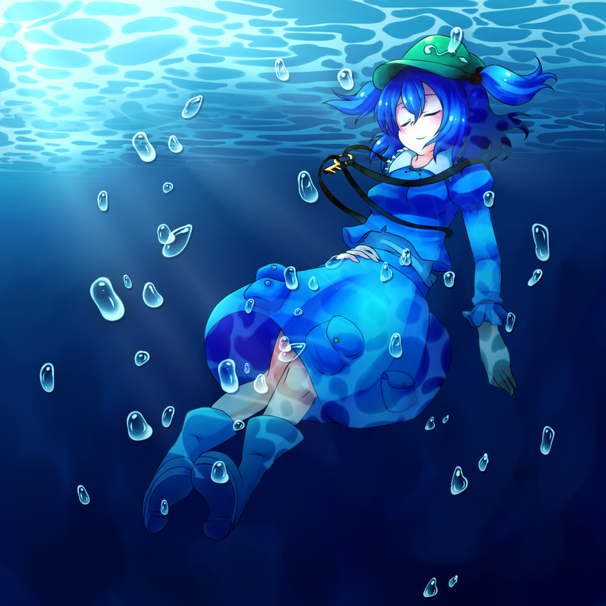 blue_hair boots bubble closed_eyes hat highres kawashiro_nitori key mashiron short_hair smile solo touhou twintails two_side_up underwater wet wet_clothes