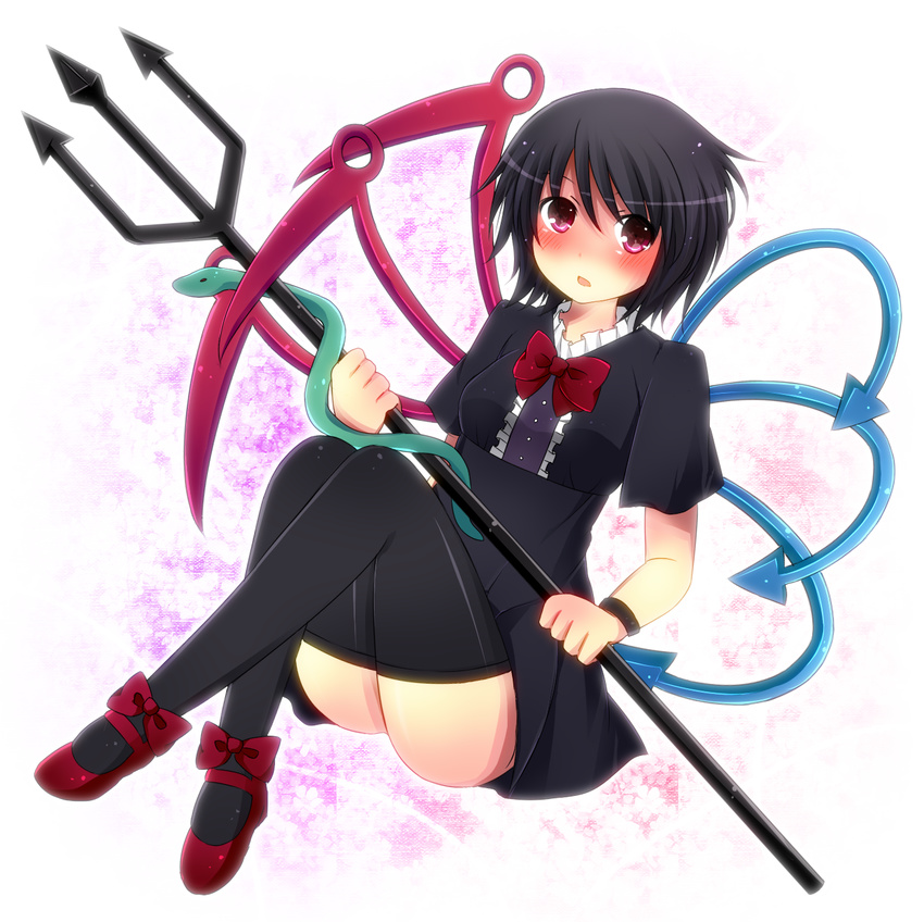 ari_suzushi ass bad_id bad_pixiv_id black_hair black_legwear blush bow bowtie highres houjuu_nue mary_janes pitchfork purple_eyes shoes sitting skirt snake solo thighhighs thighs touhou zettai_ryouiki