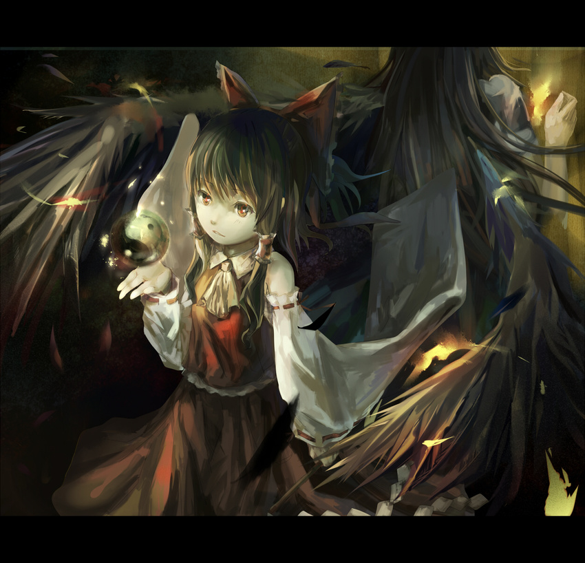 back-to-back bad_id bad_pixiv_id black_hair bow brown_eyes brown_hair cape detached_sleeves feathers fire gohei hair_bow hakurei_reimu highres letterboxed long_hair multiple_girls orb reiuji_utsuho ribbon rifsom touhou wings yin_yang