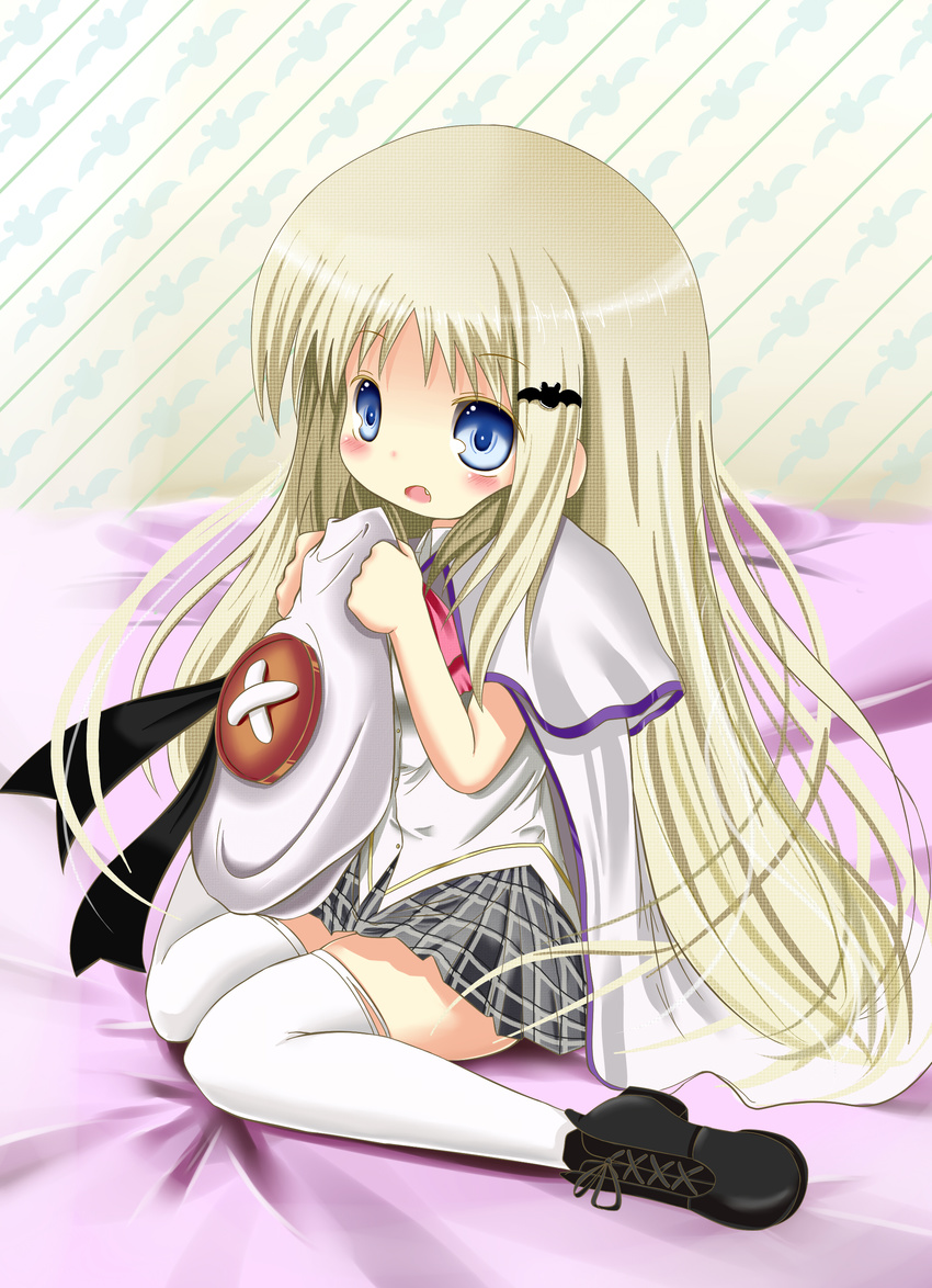 absurdres bad_id bad_pixiv_id blonde_hair blue_eyes cape fang hat highres little_busters! long_hair michitose_michiru noumi_kudryavka plaid plaid_skirt school_uniform skirt solo thighhighs