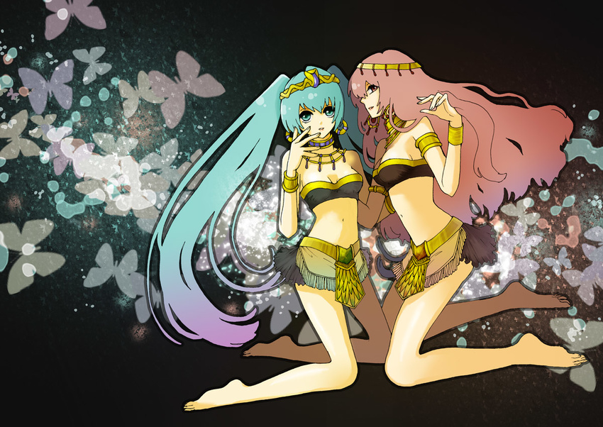 bad_id bad_pixiv_id barefoot bracelet breasts bug butterfly choker cleavage earrings egyptian green_eyes green_hair harem_outfit hatsune_miku headdress insect irono_(irtyu) jewelry large_breasts legs long_hair medium_breasts megurine_luka multiple_girls pink_eyes pink_hair twintails uraeus vocaloid