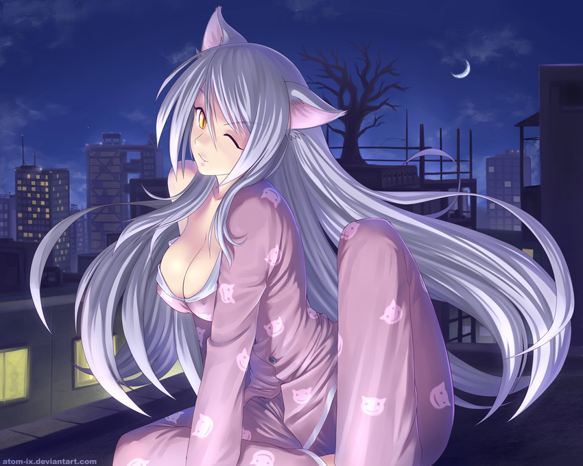 animal_ears atomix bakemonogatari black_hanekawa breasts building cat_ears cleavage covered_nipples crescent_moon fang hanekawa_tsubasa long_hair medium_breasts monogatari_(series) moon nekomonogatari night off_shoulder one_eye_closed pajamas sitting solo watermark web_address white_hair yellow_eyes