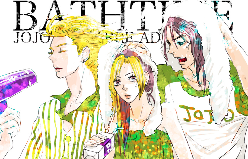 2boys bad_id bad_pixiv_id black_hair blonde_hair blue_eyes brown_eyes brown_hair closed_eyes earrings giorno_giovanna hair_down hair_dryer hand_on_head higashikata_jousuke jewelry jojo_no_kimyou_na_bouken juice_box kuujou_jolyne multicolored_hair multiple_boys poolchildren towel two-tone_hair wet