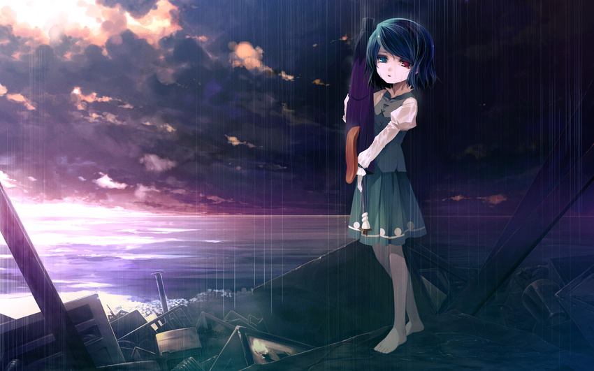 barefoot blue_hair broken chinchickrin heterochromia highres junk junkyard karakasa_obake lonely ocean rain scenery sky solo tatara_kogasa tongue touhou umbrella wallpaper