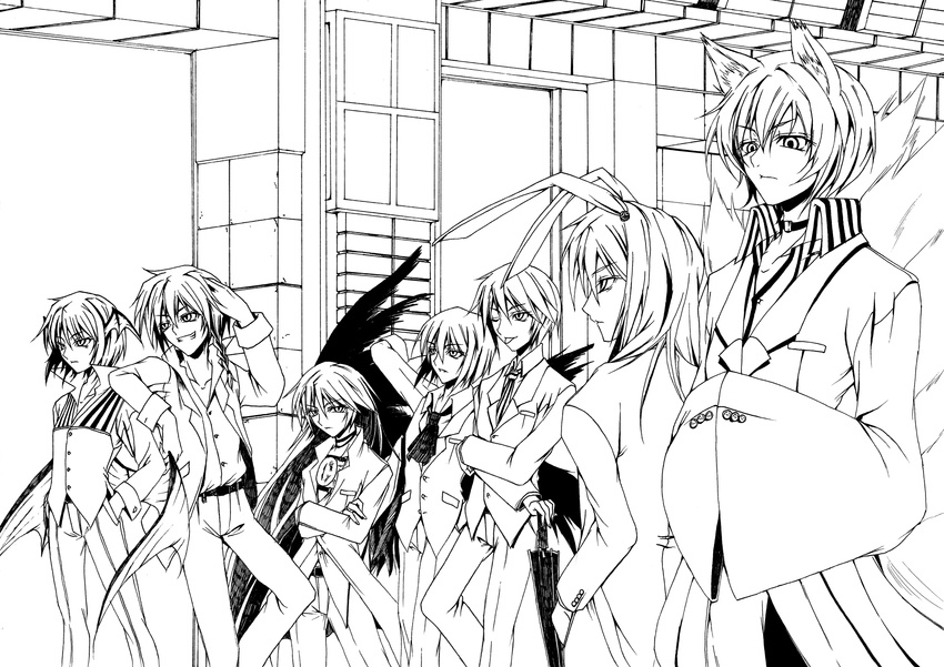 belt dress genderswap genderswap_(ftm) greyscale hazuki_kasane highres indoors kirisame_marisa koakuma lineart long_sleeves male_focus monochrome multiple_boys pants reisen_udongein_inaba reiuji_utsuho shameimaru_aya short_hair sliding_doors tatara_kogasa touhou wings yakumo_ran