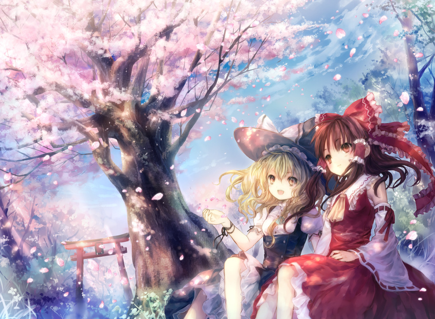 bad_id bad_pixiv_id blonde_hair bow braid brown_eyes brown_hair cherry_blossoms day detached_sleeves hair_bow hakurei_reimu hat kirisame_marisa light_rays long_hair multiple_girls onineko open_mouth petals ribbon scenery sitting sky smile sunbeam sunlight torii touhou tree wind witch_hat wrist_ribbon yellow_eyes