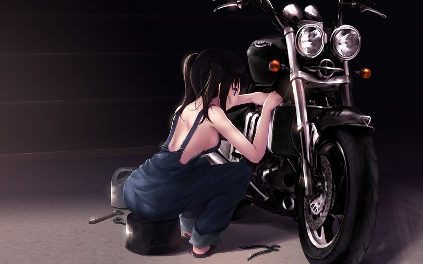 bandaid black_hair blue_eyes breasts cait ground_vehicle highres motor_vehicle motorcycle naked_overalls original overalls sideboob sitting small_breasts solo sweat tools twintails wallpaper