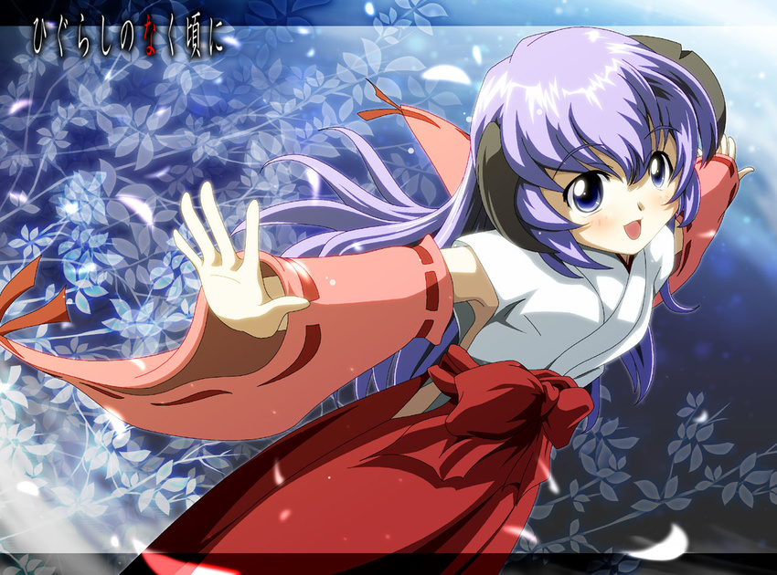 detached_sleeves hakama hanyuu higurashi_no_naku_koro_ni horns japanese_clothes long_hair miko outstretched_arms purple_eyes purple_hair red_hakama solo spread_arms urushi-san