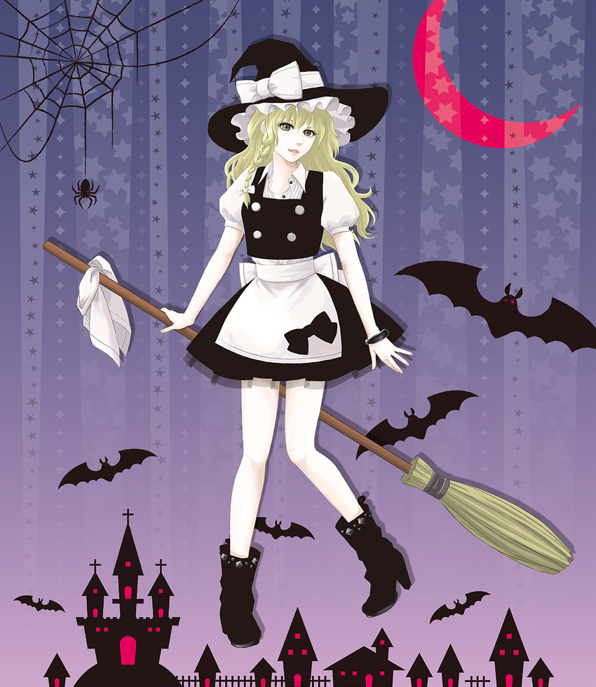 bat blonde_hair boots bow bracelet braid broom bug green_eyes halloween hat high_heels highres jewelry kirisame_marisa kota_tsu long_hair shoes silk solo spider spider_web touhou witch_hat