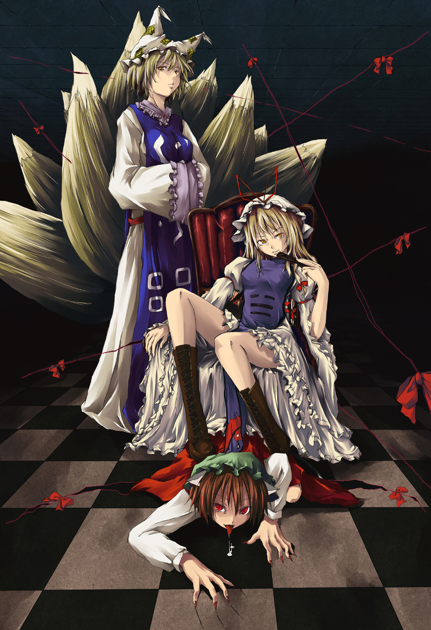 animal_ears blonde_hair boots bow brown_hair cat_ears chair chen crawling drooling fan fingernails fox_tail gap hands_in_opposite_sleeves hat highres karasu_raku long_fingernails long_hair multiple_girls multiple_tails nail_polish red_eyes red_nails short_hair sitting slit_pupils tail tassel tongue touhou yakumo_ran yakumo_yukari yellow_eyes