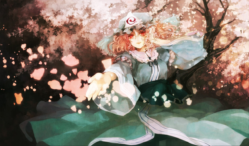 cherry_blossoms dissolving hat outstretched_hand petals pink_hair red_eyes saigyouji_yuyuko solo touhou tree xero