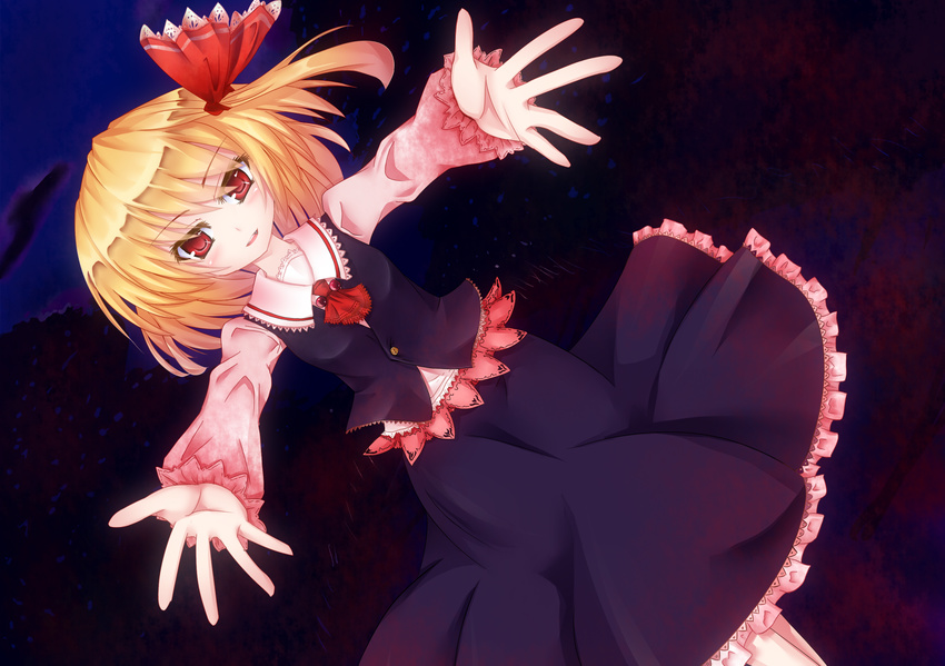 bad_id bad_pixiv_id blonde_hair fang hair_ribbon highres outstretched_arms red_eyes ribbon rumia solo touhou yanagi_ryou